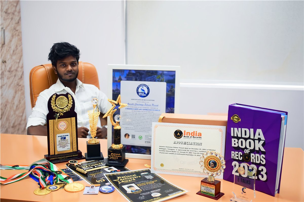 Chaitanya Eshwar Prasad with his awards, including the India Book of Records certificate